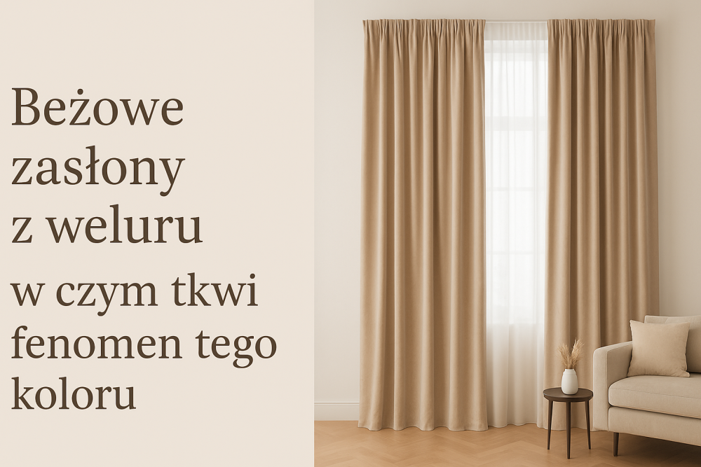 Beżowe zasłony z weluru w eleganckim salonie – stylowa aranżacja wnętrza z welurowymi zasłonami