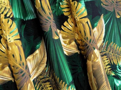 NOWOCZESNA TKANINA NA ZASŁONY W LIŚCIE PALMOWE - ZASŁONY MONSTERA ~ "GOLDI" ZIELEŃ ~ 150