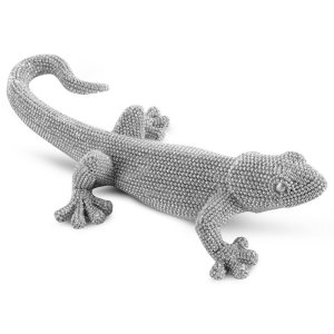 NOWOCZESNA FIGURKA DEKORACYJNA W STYLU GLAMOUR ~ SREBRNA JASZCZURKA FIGURKA CERAMICZNA ~ ELDO/02