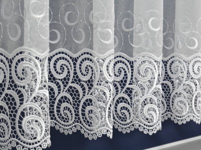 ELEGANCKA FIRANA Z GIPIURĄ - MARKIZETA Z GIPIURĄ ~ 2 SZLAKI GIPIURY ~ "ASTON" BIEL ~ 300