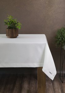 ELEGANCKI BIAŁY OBRUS ZE SREBRNYM WZOREM ~ KLASYCZNY BIAŁY OBRUS Z PLISĄ ~ ELLEN ~ 140x220