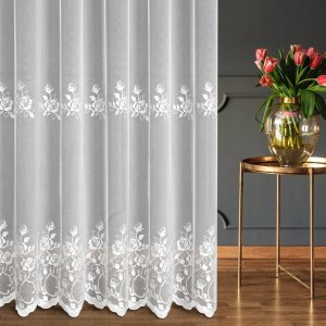 Elegancka krótka firana w kwiaty ROSES – biała firanka z różami do kuchni, jadalni, salonu - 160