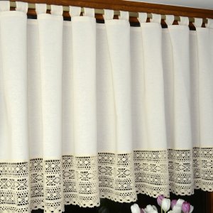 Bawełniane zazdrostki z koronką - Rustykalne zazdrostki na szelkach - "KSENIA" beż - 90