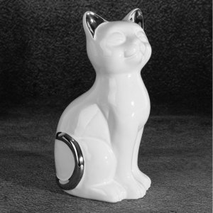 FIGURKA DEKORACYJNA KOT ~ CERAMICZNY KOT W KOLORZE BIAŁO SREBRNYM ~ CAT/04