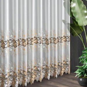 Elegancka kremowa firana FIONA 295 na metry z podwójną złotą gipiurą