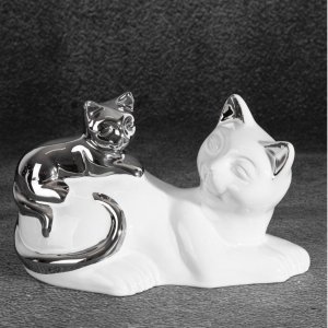 FIGURKA DEKORACYJNA KOTY ~ CERAMICZNE KOTY W KOLORZE BIAŁO SREBRNYM ~ CAT/02