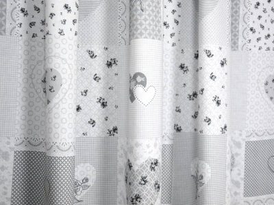 RETRO ZASŁONY TYPU PATCHWORK - ZASŁONY BAWEŁNIANE ~ "BALMOR" BIEL + SZAROŚĆ ~ 160 ~ KUPON 1,25M