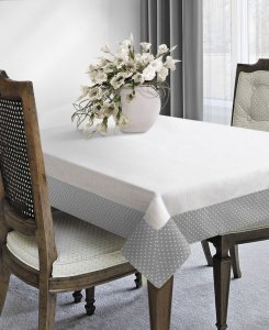 DEKORACYJNY OBRUS Z PLISĄ W KROPECZKI ~ PROSTOKĄTNY ~ ALMA ~ KREM + STAL ~ 140x180