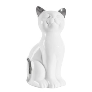 FIGURKA DEKORACYJNA KOT ~ CERAMICZNY KOT W KOLORZE BIAŁO SREBRNYM ~ CAT/04