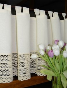 Bawełniane zazdrostki z koronką - Rustykalne zazdrostki na szelkach - "KSENIA" beż - 60