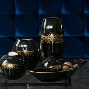 CZARNA PATERA DEKORACYJNA Z APLIKACJĄ WAŻKI ~ NOWOCZESNA PATERA CERAMICZNA ~ LORI/PAT/01