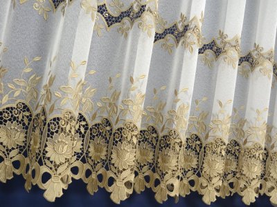 ELEGANCKA FIRANA MARKIZETA Z GIPIURĄ ~ 2 SZLAKI GIPIURY ~ "KOKARDKI" KREM + STARE ZŁOTO ~ 175