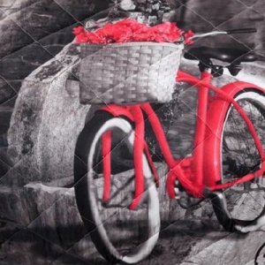 MŁODZIEŻOWA NARZUTA W STYLU RUSTYKALNYM ~ RETRO NARZUTA Z MOTYWEM ROWERU ~ 170 x 210 ~ CZERWIEŃ