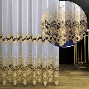 Elegancka biała firana ze złotą gipiurą KOKARDKI