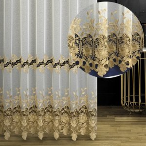 Elegancka długa firana ze złotą gipiurą Kokardki