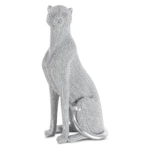 NOWOCZESNA FIGURKA DEKORACYJNA W STYLU GLAMOUR ~ SREBRNA PANTERA FIGURKA CERAMICZNA ~ ELDO/18