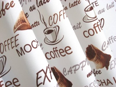 Tkanina na zasłony do kuchni - kuchenne zasłony z kawą - "Caffee" biel + brąz - 150