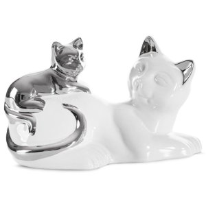 FIGURKA DEKORACYJNA KOTY ~ CERAMICZNE KOTY W KOLORZE BIAŁO SREBRNYM ~ CAT/02