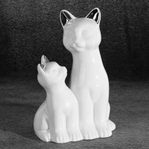 FIGURKA DEKORACYJNA KOTY ~ CERAMICZNE KOTY W KOLORZE BIAŁO SREBRNYM ~ CAT/05
