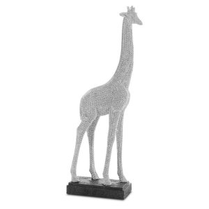 NOWOCZESNA FIGURKA DEKORACYJNA W STYLU GLAMOUR ~ SREBRNA ŻYRAFA FIGURKA CERAMICZNA ~ ELDO/04