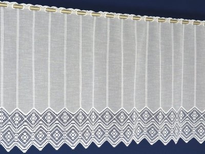 Firanka zazdrostka z etaminy z gipiurą Bello do kuchni, biała dekoracja okna 70 cm