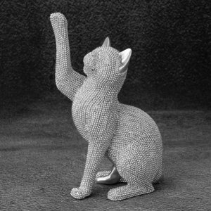 NOWOCZESNA FIGURKA DEKORACYJNA W STYLU GLAMOUR ~ SREBRNY KOT FIGURKA CERAMICZNA ~ ELDO/23