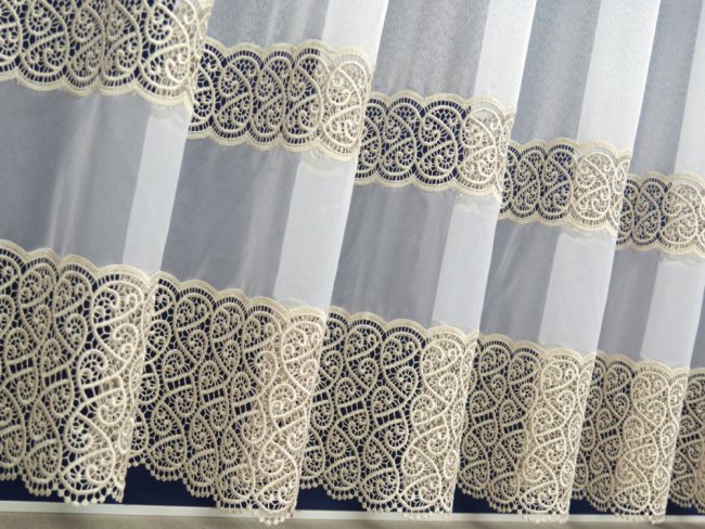 ELEGANCKA FIRANA Z GIPIURĄ - MARKIZETA Z GIPIURĄ ~ 2 SZL. GIPIURY ~ "ELIT" - BIEL + ZŁOTO ~ 290