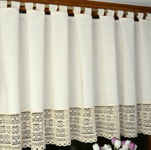 Bawełniana zazdrostka do kuchni 90 cm z koronką &ndash; rustykalna beżowa zazdrostka na szelkach