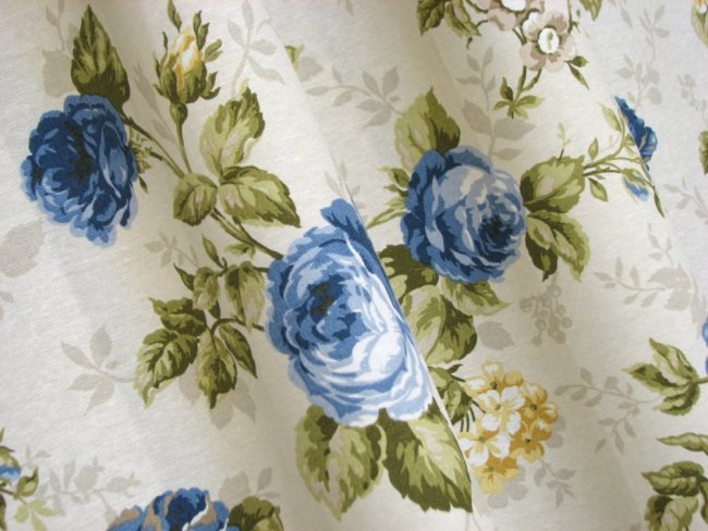 RETRO TKANINA ZASŁONOWA W RÓŻE ~ "ROSES PROWANSJA BLUE" ~ 140