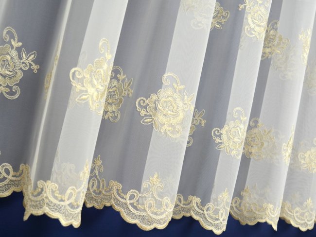 ELEGANCKA FIRANA W RÓŻE ~ FIRANA Z TIULU - TIUL HAFTOWANY ~ "ROSES GOLD" KREM + ZŁOTO ~ 290