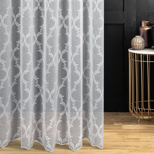 ELEGANCKA FIRANA DO SALONU ~ BIAŁA FIRANA Z ETAMINY HAFTOWANEJ W ORNAMENTY ~ "ARUNA" BIEL ~ 290
